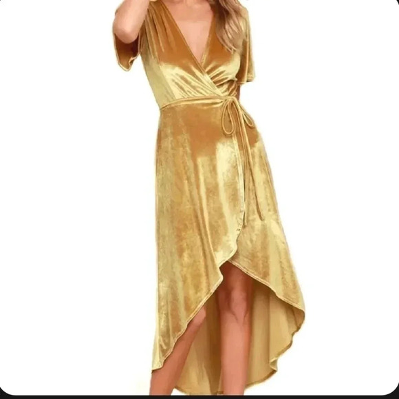 LULUS Amour Golden Yellow Velvet High Low Wrap Dress small - Picture 1 of 5